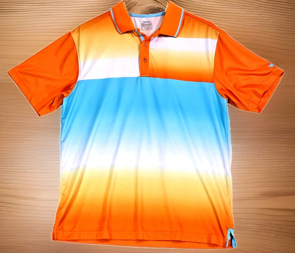 Slazenger Golf Polo Men's Medium Shirt Orange Blue White Yellow Ombre Colorblock